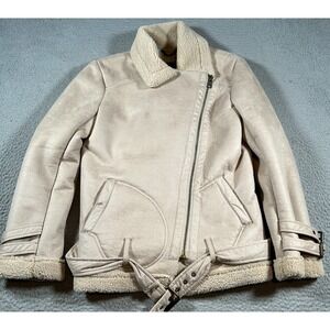 American Eagle Moto Jacket Womens Medium Suede Sherpa Lined Cozy Cream‎